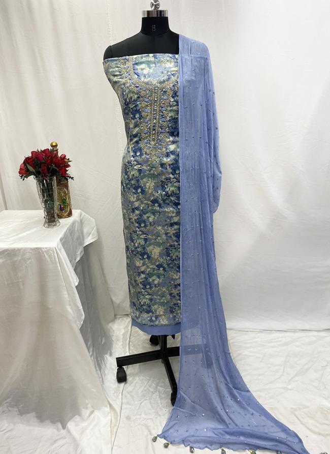 Muslin Blue Party Wear Printed Dress Material